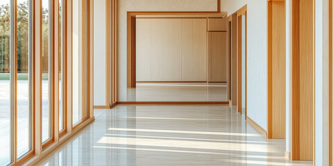 Bright spacious interior hallway with large windows and elegant wooden accents