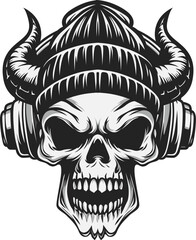 Demon skull with chill beany hat & headphone