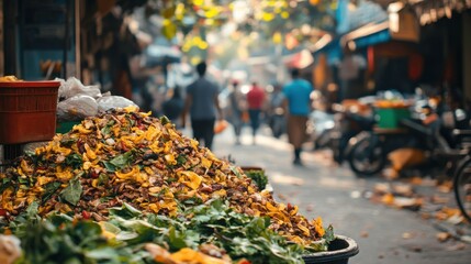 Waste Food Pile in Busy City Market Alley