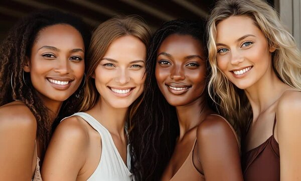 Four diverse model looking young ladies with different skin tones smiling at camera with toothy smile