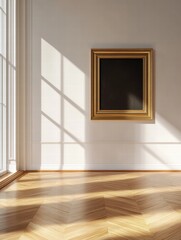 Luxurious art gallery featuring a vacant frame and natural light illuminating the wooden floor. Generative AI