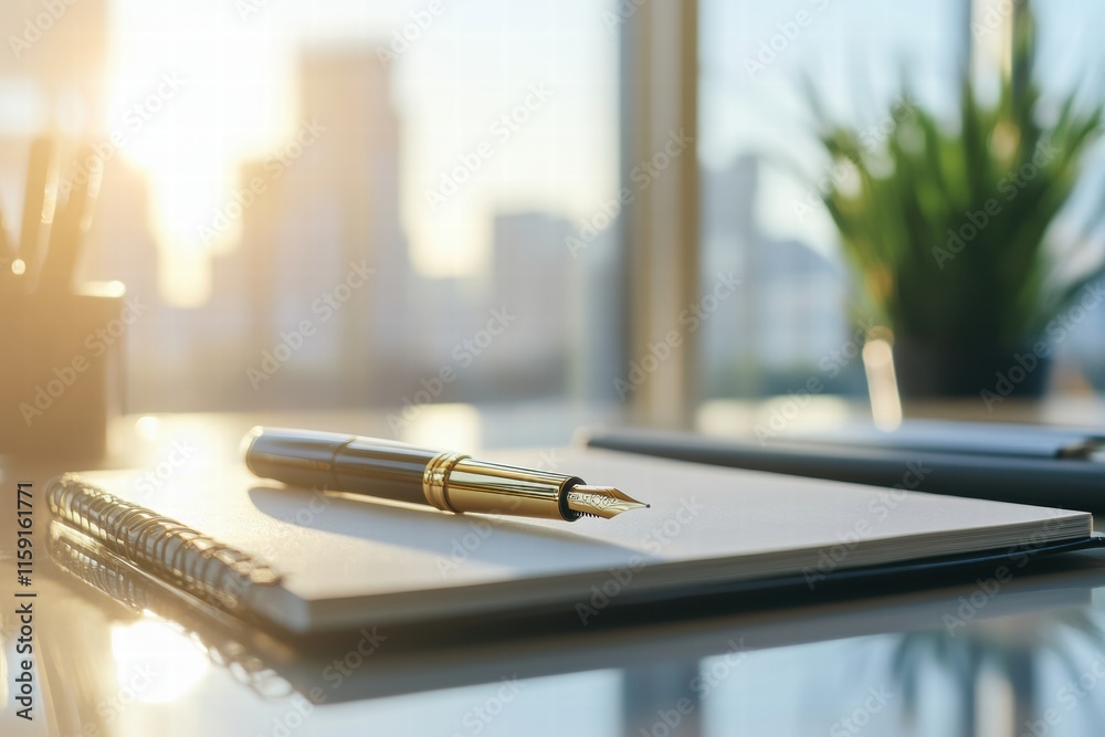 Poster luxury fountain pen with gold accents resting on notebook by window in a modern office during sunset