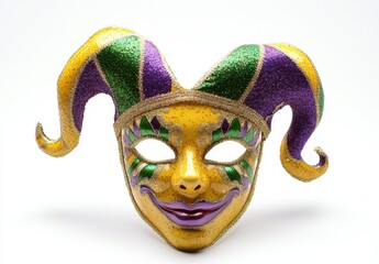 Vibrant Gold and Purple Carnival Mask with Unique Horned Design, Ideal for Festivities and Celebrations, Capturing the Spirit of Mardi Gras or Themed Parties