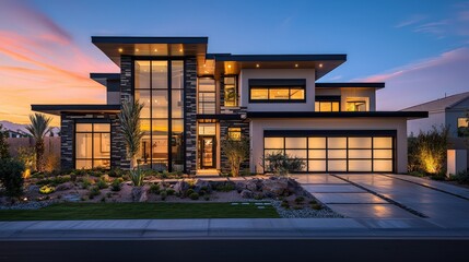 Obraz premium Modern Luxury Home with Sleek Glass Facade and Elegant Design at Sunset, Showcasing Contemporary Architecture, Exterior Lighting, and Upscale Living