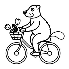Groundhog riding a bicycle, carrying a basket of flowers line art design