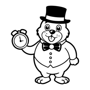 recommend clip art: A groundhog cartoon wearing a top hat, bow tie and holding a clock line art design