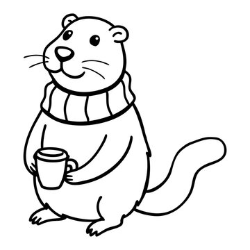 recommend clip art: A groundhog with a scarf and a steaming mug line art design