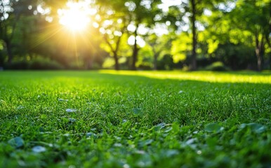 Fototapeta premium Vibrant Green Grass Under Soft Sunlight in a Tranquil Park Setting, Capturing the Beauty of Nature and the Refreshing Essence of a Peaceful Outdoor Environment