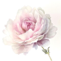 Pink peony flower and leaves. Watercolor illustration on white background. Generative AI.