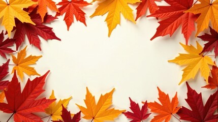 Autumnal Foliage Frame Vibrant Red, Orange, and Gold Maple Leaves Arranged on a White Background, Ideal for Seasonal Greetings or Decorative Purposes