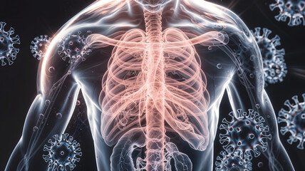 A striking illustration of the human respiratory system illuminated against a dark background, showcasing the interplay of anatomy and viral graphics representing the impact of COVID-19.