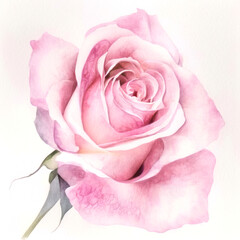 Pink rose flower and leaves. Watercolor illustration on white background. Generative AI.