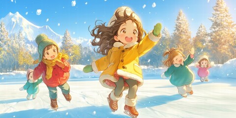 Joyful Anime Children Ice Skating in Winter Wonderland Capturing the Magic of Childhood Adventure on Frozen Pond