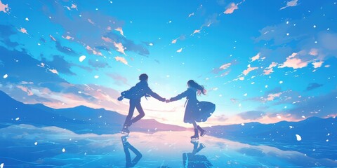 Fototapeta premium Winter Wonderland Friendship Anime Characters Ice Skating Together in Snowy Mountains