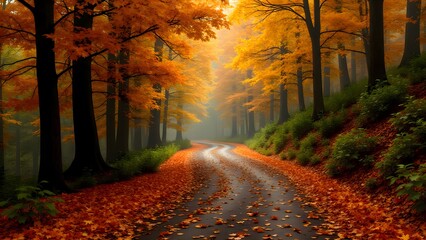 Autumn Road Golden Leaves Misty Forest Path Scene