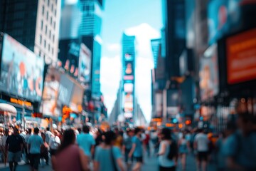 Fototapeta premium A busy city street with a blurred crowd walking under the sun. Background AI generated image