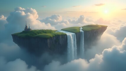 Floating Island Church Waterfall Dreamlike Cloudscape Scene