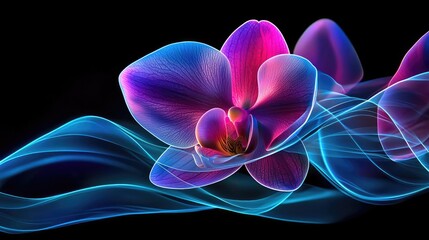 Fototapeta premium Orchid floral abstract background idea. Vibrant orchid flower with abstract blue waves on a dark background.