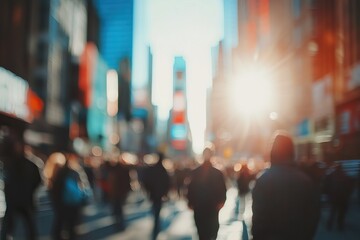 A busy city street with a blurred crowd walking under the sun. Background AI generated image