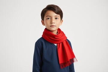 arafed boy wearing a red scarf and blue shirt