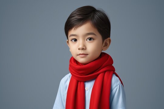 arafed boy wearing a red scarf and blue shirt