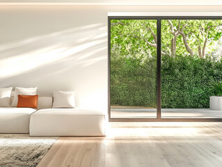 Bright and airy living room with large windows overlooking lush greenery in daylight