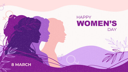 Happy women's day holiday cover or banner, web, textured, template, spring background with women silhouette , wallpaper, vector illustration