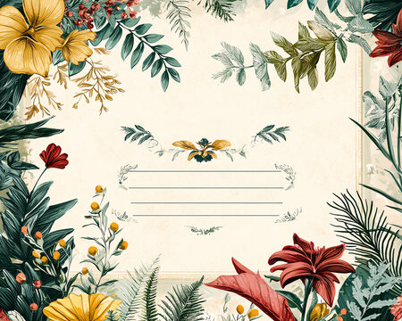 Botanical gift certificate design, vintage botanical illustrations, empty customization fields, antique paper texture, nature-inspired borders