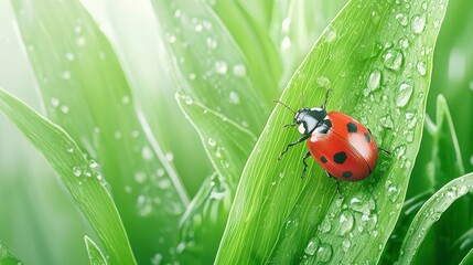 Fototapeta premium Close-Up of a Vibrant Ladybug on Fresh Green Leaf with Dew Drops Glimmering Brightly