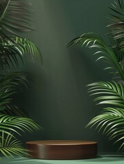 Obraz premium wooden product podium with green tropical leaves tree and green background