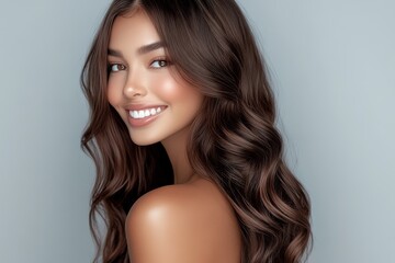 Naklejka premium A woman with long, wavy hair seen from a side profile, smiling gently, exuding warmth and confidence in a serene, minimalist setting.