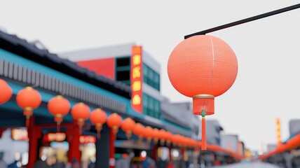 Vibrant red lanterns decorate a festive street scene.