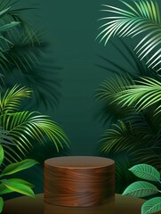 Obraz premium wooden product podium with green tropical leaves tree and green background