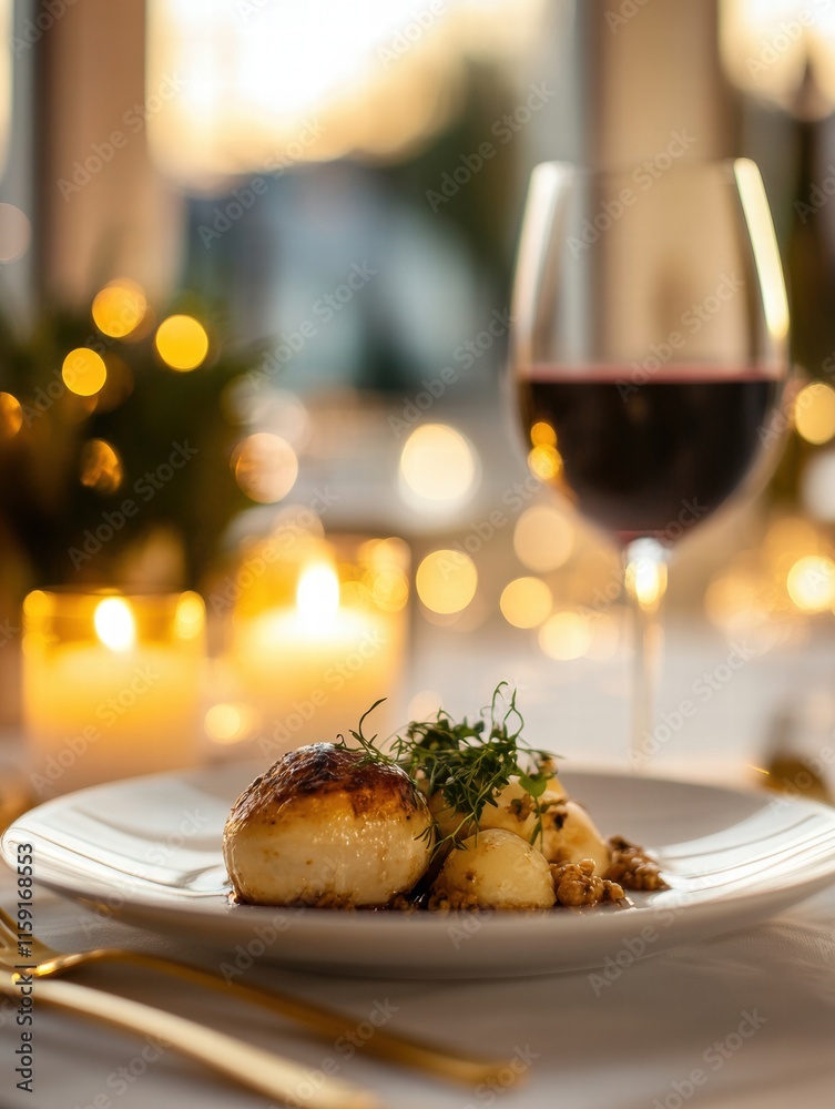 Poster luxurious dining table set with gourmet dish and fine wine in a warm, elegant atmosphere during an e