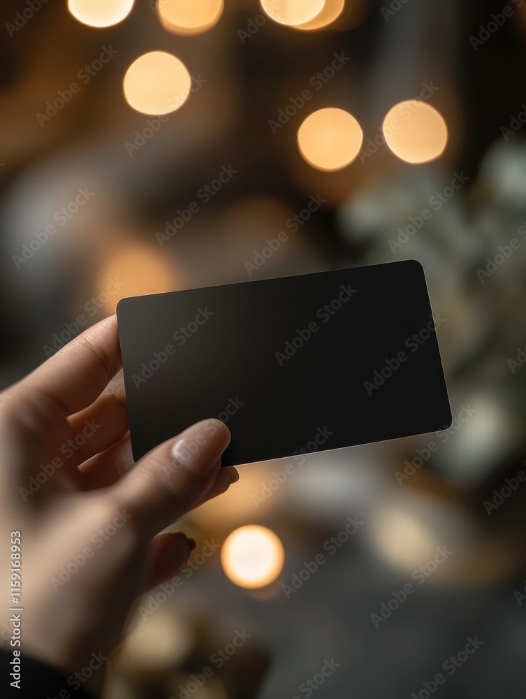 Aufkleber sleek black gift card held in hand with blurred background featuring warm lights and soft textures. 