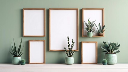 three wooden frame on white wall, frame mockup, 3d render 