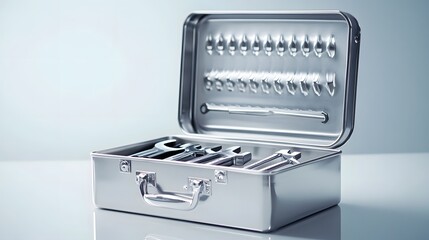 Metal toolbox containing various wrench sizes