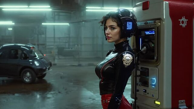 Cyberpunk night scene with uniformed figure near phone booth in rain-slicked street. Neon lighting and reflective surfaces. AI-generated 4K cinematic composition with anamorphic depth