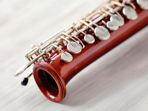 Red contrabassoon with shiny keys on light background