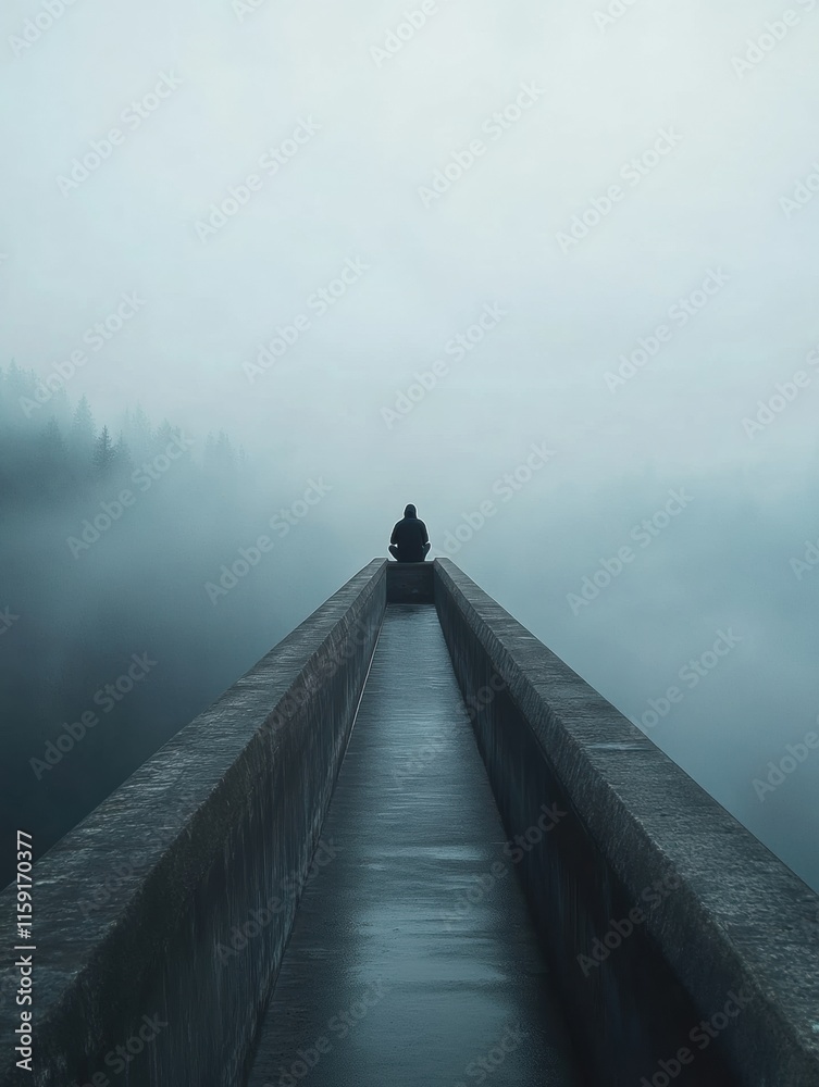 Poster lonely figure sitting on a foggy bridge overlooking vast emptiness at dawn. generative ai