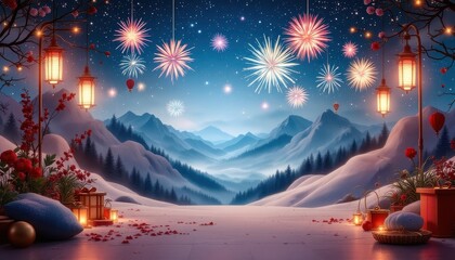 Celebrate the New Year with a photography studio backdrop featuring shimmering gold accents, festive lights, and celebratory decorations. Perfect for capturing holiday memories.