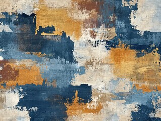 Obraz premium Abstract painting with bold blue, gold, and white brushstrokes, showcasing dynamic textures and vibrant contemporary design for modern artistic expression.