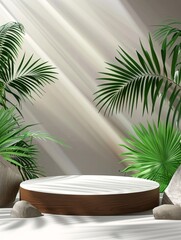 Obraz premium wooden product podium with green tropical leaves tree and brown beige background