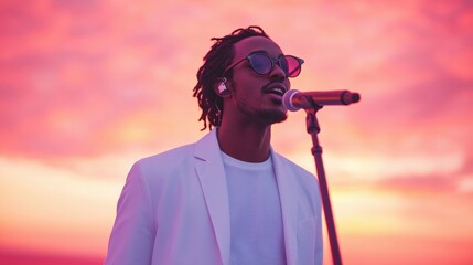 Grammy award concept, A singer performs passionately against a vibrant sunset backdrop, wearing stylish sunglasses and a white suit.