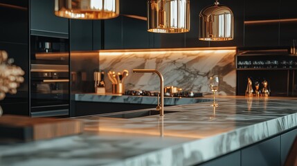 Luxurious modern kitchen with marble countertops, gold accents, and sleek design elements, showcasing sophisticated interior decor and upscale home architecture.