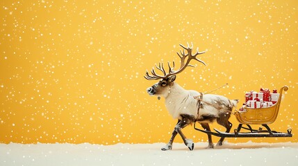 A reindeer pulls a sleigh filled with presents against a bright yellow background, evoking a festive winter scene.