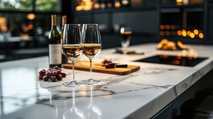 Obraz premium Elegant Glasses of Wine on Marble Countertop in Modern Kitchen