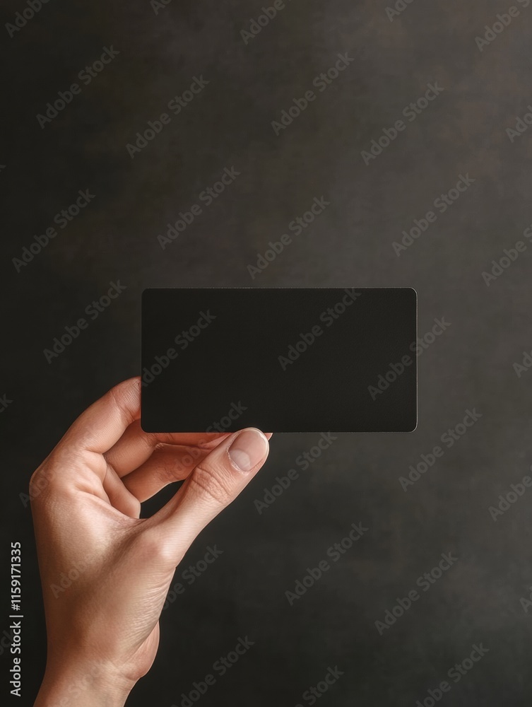 Leinwandbilder sleek black gift card held by a hand on a simple dark background with sufficient space for personali