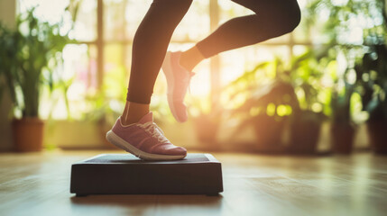 Person engaged in step exercise on sleek wooden floor, promoting health and wellness through coordinated movement and training.