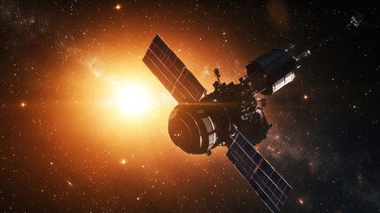 Spacecraft with solar panels reflecting sunlight in deep space, distant stars and galaxies visible, representing technological advancement and scientific exploration mission.